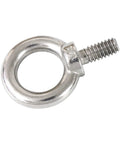 Close-up of a 316 stainless steel 1/4 inch UNC shoulder eye bolt with lifting ring, marine grade, for industrial use.