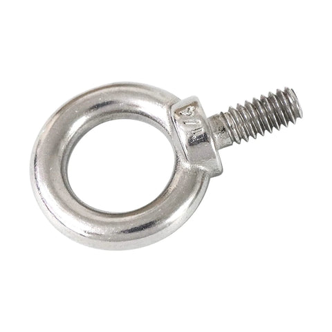 Close-up of a 316 stainless steel 1/4 inch UNC shoulder eye bolt with lifting ring, marine grade, for industrial use.