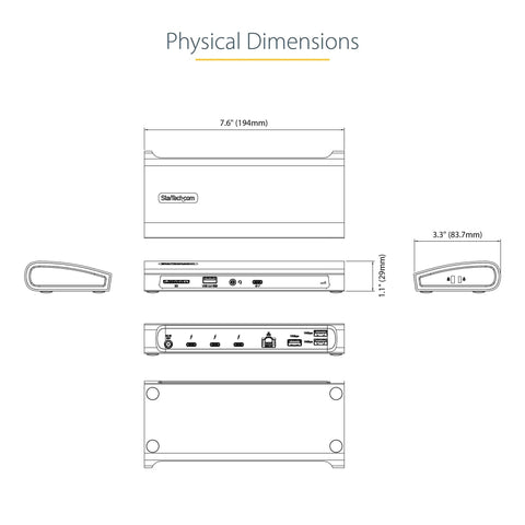 Workhorse Thunderbolt 4 Docking Station Pumping Out 96W Fast Charge dimensions diagram, showing 7.6" x 3.3" x 1.1" sizes.
