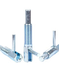 No Hassle Industrial Grade Hand Retract Plunger Pin With Comfy Grip L Handle And Dead Tight Lock Long Stroke Index Bolt For Precision Shop Builds And Quick Jig Setup Fits M6 Through M16, showing three metal bolts.