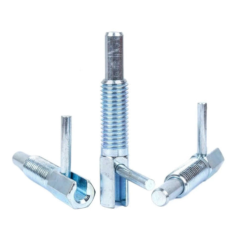 No Hassle Industrial Grade Hand Retract Plunger Pin With Comfy Grip L Handle And Dead Tight Lock Long Stroke Index Bolt For Precision Shop Builds And Quick Jig Setup Fits M6 Through M16, showing three metal bolts.