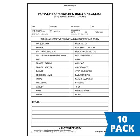 Forklift Operator Daily Checklist Carbonless Shift Ready Roll Call No Fuss Inspection Log For Electric And Gas Powered Shop Floor Machinery Heavy Duty Safety Watch 10 Pack, showing daily inspection items on a bound sheet.