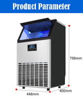 Portable Countertop Ice Cube Maker With Quiet Self Cleaning System And Sleek Led Panel viewed from the front, showcasing dimensions and digital screen.
