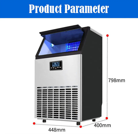 Portable Countertop Ice Cube Maker With Quiet Self Cleaning System And Sleek Led Panel viewed from the front, showcasing dimensions and digital screen.