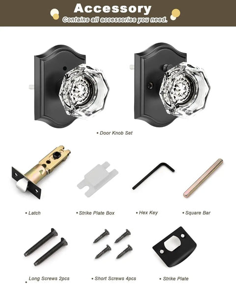 Vintage Octagon Crystal Glass Door Knobs 2 Pack Interior Privacy Lockset for Bedroom and Bath with Matte Black Arched Rosettes, hardware accessories shown