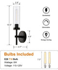 SANTOSTOCK Black Wall Sconces Set of Two, Hardwired Bathroom Vanity Sconces Wall Lighting with Clear Glass Shade, modern design with dimensions.