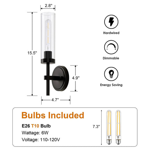 SANTOSTOCK Black Wall Sconces Set of Two, Hardwired Bathroom Vanity Sconces Wall Lighting with Clear Glass Shade, modern design with dimensions.