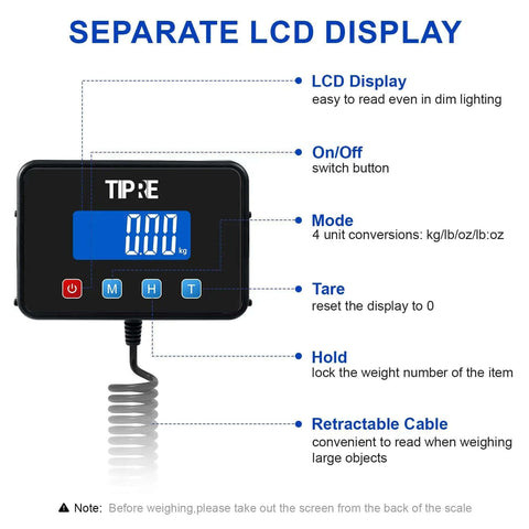 Digital Shipping Scale With 660 Lb Capacity For Heavy Packages separate blue backlit LCD screen with control buttons and features.