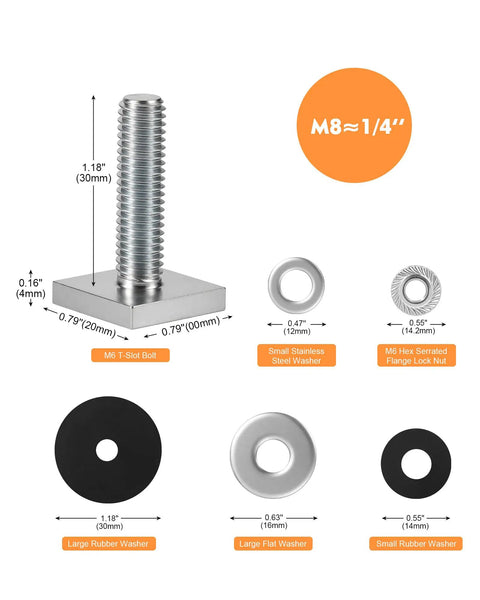 Heavy Duty M8x30mm T Track Bolt Adapter Kit with washers and lock nut for roof rack cross bars, 4mm thick stainless steel.