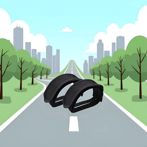 One Pair Black Bike Pedal Straps With Adhesive For Fixed Gear And Regular Bicycles Secure Toe Clip Strap Belt displayed on road
