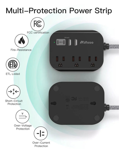 Travel Essentials Power Strip With USB Ports Compact Flat Plug Extension Cord 5ft Three Outlets Four USB Ports Non Surge Cruise Ship Ready Dorm Room Apartment Must Have Desktop Charging Hub