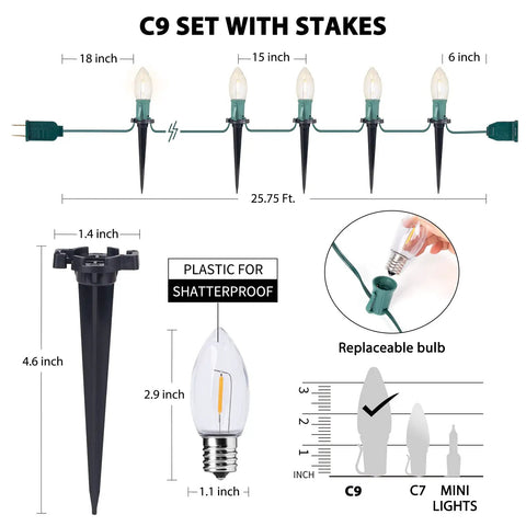 Diagram of Outdoor Christmas Pathway Lights 26 Ft Connectable C9 LED String Lights Waterproof With 20 LEDs And Stakes