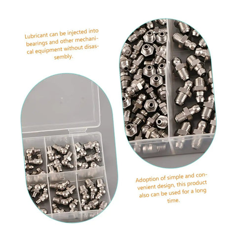 Grease Fitting Assortment Kit 10 Piece Set With Straight And Angled Nipples For Machines And Vehicles in storage box