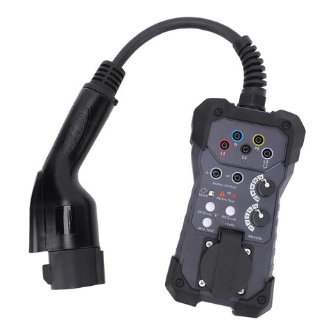 Pro Level EVSE Diagnostic Adapter For Hassle Free Charging Station Simulations, black plug and control panel for EV testing.