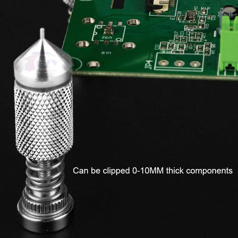 Close-up of metal tower clamp from 4 Piece Soldering Helping Hand Set with Magnetic PCB Holders, clamping a circuit board.
