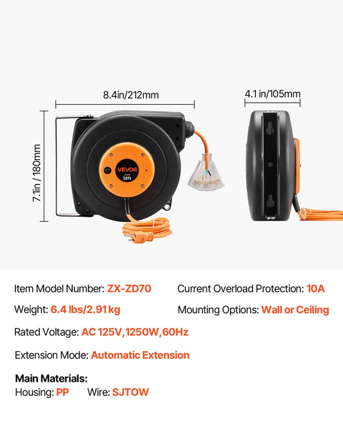 Heavy Duty 30 Ft Retractable Extension Cord Reel With Automatic Rewind And Triple Grounded Sockets Badass 16 Awg Cable side view with dimensions