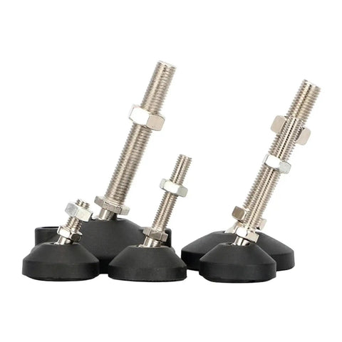 Adjustable Furniture Leveling Feet 12 Pack Universal Swivel Screw Glides For Tables Desks Chairs in black with metal thread mounts.