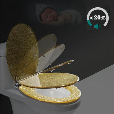 Slick Glitter Toilet Seat Soft Close Rounded Molded Resin Cover showcasing soft close feature and glitter finish, easy setup.
