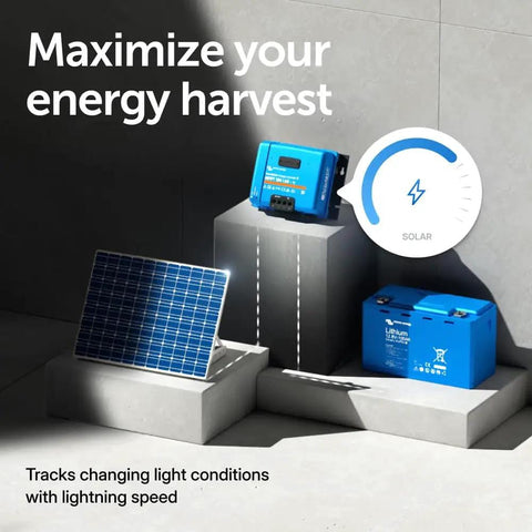 Smart Solar MPPT Charge Controller With Bluetooth For 12 24 36 And 48 Volt Systems 150V 60 Amp Maxes Out Power Output And Battery Life With Easy App Monitoring Built For Off Grid Living RV Boat Tiny Home, displayed with solar panel and battery in sunlight.