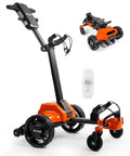 Smooth Operator Auto Follow Electric Golf Push Cart With Smart Remote App Controls, orange trolley with remote and wheels.