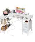 White L Shaped Desk With Shelf Drawers 47 Inch Corner Computer Desk For Gaming And Study With Power Outlet And Adjustable Shelves