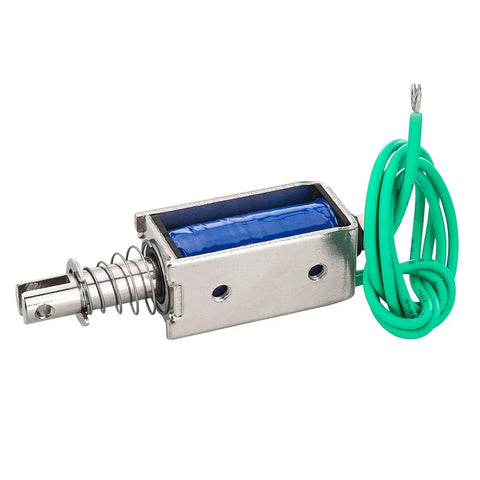 12V DC Solenoid Electromagnet BM0530B Open Frame Push Pull Actuator with green wire and metal finish