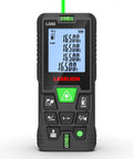 Dope Green Beam Laser Measure Hella Accurate 165 Foot Portable Distance Meter With Bright Backlit Display showing measurement readouts.
