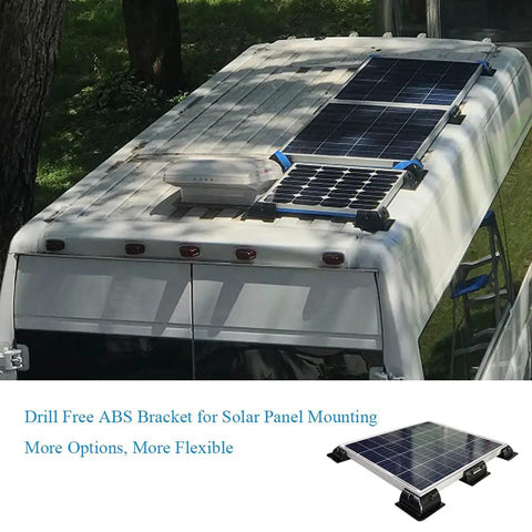 Drill Free Solar Panel Mounting Bracket Kit Seven Piece ABS For Roofs On RVs Caravans Boats Campers Sheds Garages And Boat Decks Black Easy DIY Install Corner Brackets installed on RV roof