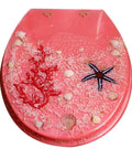 Heavy Duty Slow Close Toilet Seat Cover Top Shelf Crystal Resin U Shape with pink coral and starfish design.