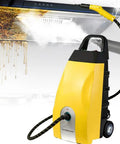 Heavy Duty Steam Cleaner With Continuous Steam Output For Tile Grout Kitchen Grease Auto Detailing And Floor Cleaning, yellow unit with hose.