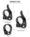 Three black aluminum bike seat post clamps in 31.8/34.9mm sizes, showing product dimensions and quick-release feature.