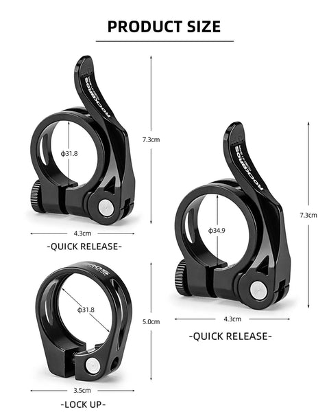 Three black aluminum bike seat post clamps in 31.8/34.9mm sizes, showing product dimensions and quick-release feature.