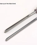 Two silver woodturning bowl gouges with black handles, side-grind close-up (5/8 and 1/2 inch bar stock)