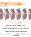 Six Pack 30A 32V Mini Slotted MCASE Cartridge Fuse Kit displayed with voltage ratings and product specs