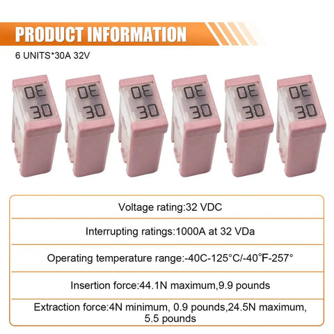 Six Pack 30A 32V Mini Slotted MCASE Cartridge Fuse Kit displayed with voltage ratings and product specs