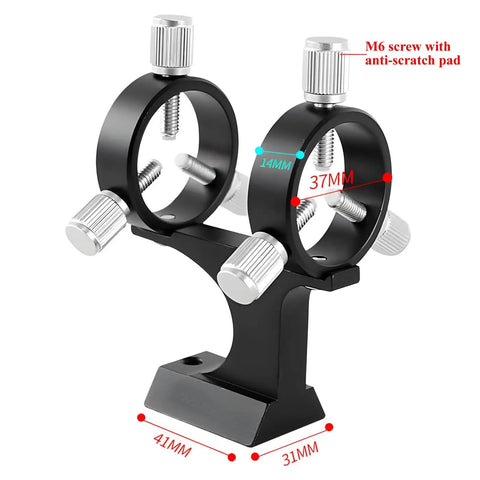 Beefy High Profile Aluminum Alloy Adjustable Laser Finder Scope Bracket With One Quarter Inch Screw Fits Five To Thirty Eight Millimeter Pointers Compatible With Celestron SkyWatcher Vixen Telescopes, dual ring mount with measurement details.