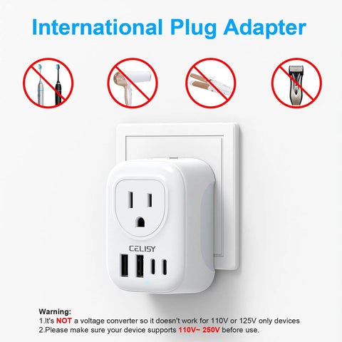 Six In One European Travel Plug Adapter with 2 AC outlets and 4 USB ports, LED indicator, plugged into wall socket.