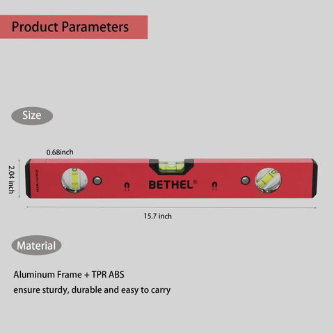 Heavy Duty 16 Inch Magnetic Torpedo Spirit Level With Three Precision Vials For 45 90 And 180 Degree Layouts showing size and material details.