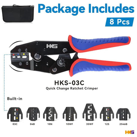 Ratcheting Crimping Tool Set With 8 Quick Change Jaws For Heat Shrink Terminals, Insulated And Non Insulated Ferrules, Open Barrel