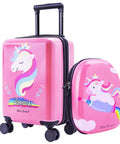 Front view of pink unicorn kids luggage set: hard-sided 18in suitcase with four wheels and matching round backpack.