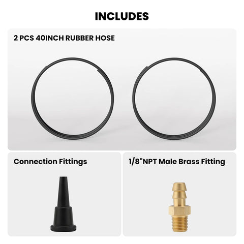 Watflow gas manifold test kit: two 40-inch black rubber hoses with 1/8 in NPT male brass fittings.