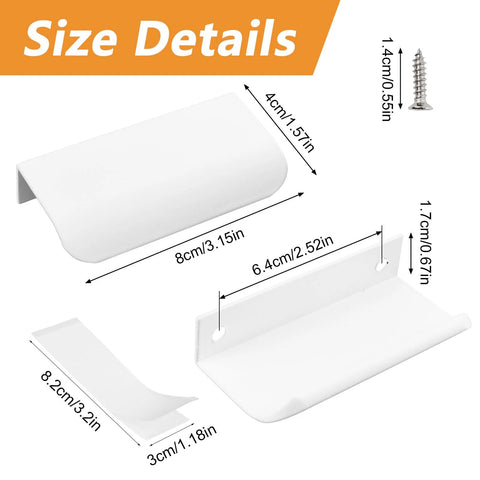 Size details for Eight Pack Finger Edge Self Stick Cabinet Drawer Pulls 80mm White Concealed Handles with dimensions and a screw