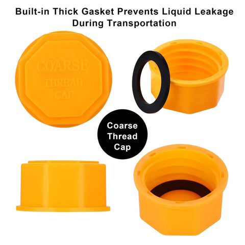 Close-up of Six Pack 5 Gallon Gas Can Caps, Universal Coarse Thread Replacement Lids For Gasoline showing yellow HDPE cap and gasket.