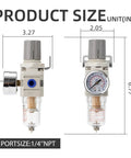 Side view of LNCHKA 1/4 in NPT pneumatic filter regulator with blue inlet, clear bowl, manual drain.

Front view of LNCHKA pneumatic air filter regulator with gauge, 1/4 in NPT, metal bracket, clear bowl.