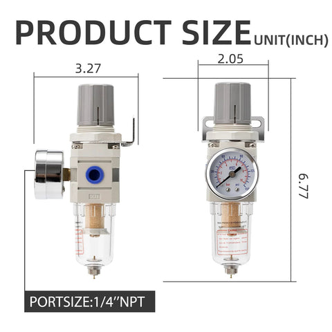 Side view of LNCHKA 1/4 in NPT pneumatic filter regulator with blue inlet, clear bowl, manual drain.

Front view of LNCHKA pneumatic air filter regulator with gauge, 1/4 in NPT, metal bracket, clear bowl.