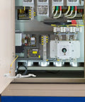 Cabinet with door open showing electrical components and Cabinet Door Support Arm Stop Hinge With Nickel Plated Iron