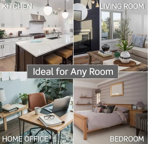 Collage of rooms including kitchen, living room, home office, and bedroom showcasing In-Wall USB Charger With 20 Amp Tamper-Resistant Outlet, Dual USB Ports Deliver 3.6A Total, Smart Charging Chip Optimizes Each Device, No More Searching For Chargers, Fast Smartphone Charging, White Wall Plate use