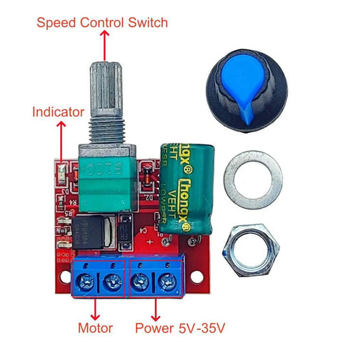 Top view of Mini DC Motor PWM Speed Controller 5V-35V Regulator Module 0-5A 90W with components labeled.