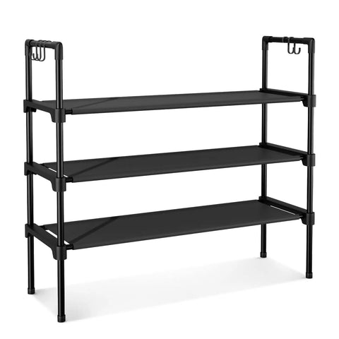 Three Tier Shoe Rack Organizer With Five Hooks For Closet, Stackable Free Standing Shoe Storage For Sneakers And Boots