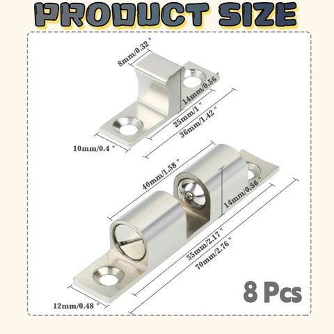 Eight Pack Stainless Steel Cabinet Latches Spring Latch Heavy Duty Silver For Kitchen And Bathroom, 67mm Long 12mm Wide 17mm Deep, Mounting Holes 4mm And 4.5mm, Universal Fit For Quick Replacement Of Damaged Cabinet Doors. Product size diagram for stainless steel cabinet latches, 8 pcs.